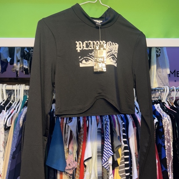 Brand NEW Black cropped Playboy Eyes Graphic Long Sleeve Bustier Top new shirt - Picture 5 of 7
